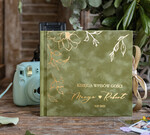 Księgi wpisów gości welurowe welurowa oliwkowa księga wpisów gości, zielono złota księga wpisów gości, księga weselna glamour 1