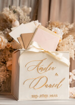 Pudełko na koperty  glamour Elegancka welurowa kopertówka ze złotymi napisami, cieniowany welur ecru, pudełko na koperty, pomysł na pudełko na pieniądze podczas wesela3