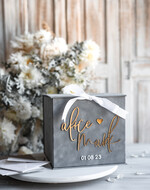 Pudełko na koperty  glamour Elegancka szara welurowa kopertówka ze złotymi napisami, szary cieniowany welur, pudełko na koperty, pomysł na pudełko na pieniądze podczas wesela5