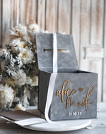 Pudełko na koperty  glamour Personalizowana szara welurowa kopertówka ze złotymi napisami, szary cieniowany welur, pudełko na koperty, pomysł na pudełko na pieniądze podczas wesela9