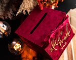 Pudełko na koperty  glamour Personalizowana bordowa welurowa kopertówka ze złotymi napisami, bordowy cieniowany welur, pudełko na koperty, pomysł na pudełko na pieniądze podczas wesela7