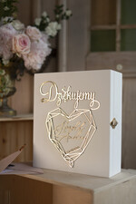 Pudełko na koperty  glamour białe drewniane pudełko na koperty weselne kopertówka skrzynka na kartki ślubne geometryczne złote serce wasze imiona 1