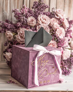 Pudełko na koperty  glamour Elegancka welurowa kopertówka ze złotymi napisami, lawendowy cieniowany welur, pudełko na koperty, fioletowa kopertówka na koperty od gosci weselnych 2