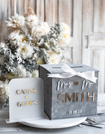 Pudełko na koperty  glamour Elegancka szara welurowa kopertówka ze złotymi napisami, szary cieniowany welur, pudełko na koperty, pomysł na pudełko na pieniądze podczas wesela1