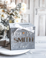 Pudełko na koperty  glamour Elegancka szara welurowa kopertówka ze złotymi napisami, szary cieniowany welur, pudełko na koperty, pomysł na pudełko na pieniądze podczas wesela8