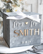 Pudełko na koperty  glamour Elegancka szara welurowa kopertówka ze złotymi napisami, szary cieniowany welur, pudełko na koperty, pomysł na pudełko na pieniądze podczas wesela10