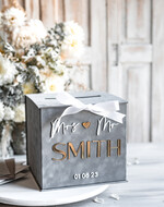 Pudełko na koperty  glamour Elegancka szara welurowa kopertówka ze złotymi napisami, szary cieniowany welur, pudełko na koperty, pomysł na pudełko na pieniądze podczas wesela7