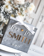 Pudełko na koperty  glamour Elegancka szara welurowa kopertówka ze złotymi napisami, szary cieniowany welur, pudełko na koperty, pomysł na pudełko na pieniądze podczas wesela5