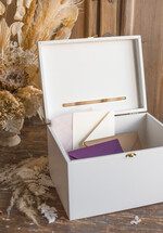 Pudełko na koperty  glamour ślubne pudełko na koperty, drewniane białe pudełko na koperty złote napisy, elegancka kopertówka ślubna na koperty   2