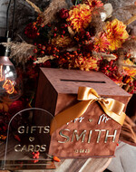 Pudełko na koperty  glamour Elegancka brązowo złota welurowa kopertówka ze złotymi napisami, brązowy cieniowany welur, pudełko na koperty, pomysł na pudełko na pieniądze podczas wesela1