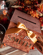 Pudełko na koperty  glamour Elegancka brązowo złota welurowa kopertówka ze złotymi napisami, brązowy cieniowany welur, pudełko na koperty, pomysł na pudełko na pieniądze podczas wesela22