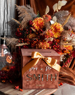 Pudełko na koperty  glamour Elegancka brązowo złota welurowa kopertówka ze złotymi napisami, brązowy cieniowany welur, pudełko na koperty, pomysł na pudełko na pieniądze podczas wesela15