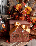 Pudełko na koperty  glamour Elegancka brązowo złota welurowa kopertówka ze złotymi napisami, brązowy cieniowany welur, pudełko na koperty, pomysł na pudełko na pieniądze podczas wesela7