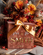 Pudełko na koperty  glamour Elegancka brązowo złota welurowa kopertówka ze złotymi napisami, brązowy cieniowany welur, pudełko na koperty, pomysł na pudełko na pieniądze podczas wesela12