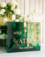 Pudełko na koperty  glamour zielona akrylowa kopertówka na koperty, pudełko na koperty przezroczyste z pleksy, pomysł na pudełko na koperty na weselu, akrylowe pudełko na koperty 0