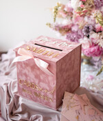 Pudełko na koperty  glamour Elegancka welurowa kopertówka ze złotymi napisami, pudrowo rózowy cieniowany welur, pudełko na koperty3