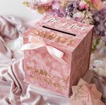 Pudełko na koperty  glamour Elegancka welurowa kopertówka ze złotymi napisami, pudrowo rózowy cieniowany welur, pudełko na koperty4