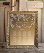 Plany stołów złote na lustrze  złota tablica plan stołow na lustrze usadzenie gości na weselu złota ozdobna rama powitanie gości weselnych0