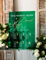 Plany stołów na pleksie - akryl Zielona Tablica Plan stołów glamour, elegancki plan stołów ze złotymi literami, plan usadzenia gości na weselu plansza powitalna na pleksie ze zlotymi literami14