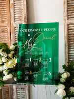 Plany stołów na pleksie - akryl Zielona Tablica Plan stołów glamour, elegancki plan stołów ze złotymi literami, plan usadzenia gości na weselu plansza powitalna na pleksie ze zlotymi literami11
