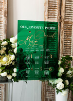 Plany stołów na pleksie - akryl Zielona Tablica Plan stołów glamour, elegancki plan stołów ze złotymi literami, plan usadzenia gości na weselu plansza powitalna na pleksie ze zlotymi literami3