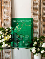 Plany stołów na pleksie - akryl Zielona Tablica Plan stołów glamour, elegancki plan stołów ze złotymi literami, plan usadzenia gości na weselu plansza powitalna na pleksie ze zlotymi literami9