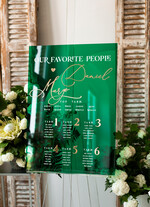 Plany stołów na pleksie - akryl Zielona Tablica Plan stołów glamour, elegancki plan stołów ze złotymi literami, plan usadzenia gości na weselu plansza powitalna na pleksie ze zlotymi literami15