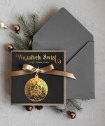 Kartki świąteczne z logo firmy Kokardki  Złocone kartki na święta z logo firmy, świąteczna kartka biznesowa z kokardką i złotymi napisami, nowoczesna firmowa kartka bożonarodzeniowa1