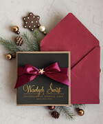 Kartki świąteczne z logo firmy Kokardki  Złocone kartki na święta z logo firmy, świąteczna kartka biznesowa z kokardką i złotymi napisami, nowoczesna firmowa kartka bożonarodzeniowa1