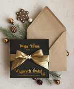 Kartki świąteczne z logo firmy Kokardki  Złocone kartki na święta z logo firmy, świąteczna kartka biznesowa z kokardką i złotymi napisami, nowoczesna firmowa kartka bożonarodzeniowa0