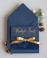 Kartki świąteczne z logo firmy Kokardki  Złocone kartki na święta z logo firmy, świąteczna kartka biznesowa z kokardką i welurem, nowoczesna firmowa kartka bożonarodzeniowa0