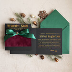 Kartki świąteczne z logo firmy Kokardki  Złocone kartki na święta z logo firmy, świąteczna kartka biznesowa z kokardką i welurem, nowoczesna firmowa kartka bożonarodzeniowa1