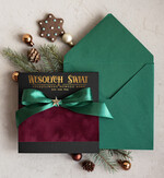 Kartki świąteczne z logo firmy Kokardki  Złocone kartki na święta z logo firmy, świąteczna kartka biznesowa z kokardką i welurem, nowoczesna firmowa kartka bożonarodzeniowa0