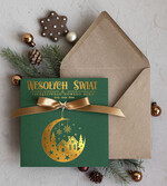 Kartki świąteczne z logo firmy Kokardki  Złocone kartki na święta z logo firmy, świąteczna kartka biznesowa z kokardką zloconąbombką, nowoczesna firmowa kartka bożonarodzeniowa0