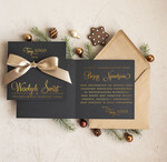 Kartki świąteczne z logo firmy Kokardki  Złocone kartki na święta z logo firmy, świąteczna kartka biznesowa z kokardką i złotymi napisami, nowoczesna firmowa kartka bożonarodzeniowa0