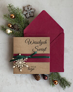 Kartki świąteczne z logo firmy natural kartka świąteczna z logo firmy naturalna ekologiczna kartka bozonarodzeniowa z drewnianą zawieszką, kartki świąteczne z bombkami 0