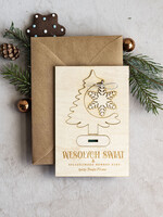 Kartki świąteczne z logo firmy z magnesem lub zawieszką na choinkę Drewniana kartka świąteczna z logo firmy - świąteczna choinka stojąca z kartką świąteczna firmową, drewniana kartka na swieta, kartka swiateczna z zawieszką4