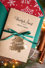 Kartki świąteczne z logo firmy z magnesem lub zawieszką na choinkę kartki świąteczne dla firm Złota bombka zawieszka na choinke z Logo firmy świateczna kartka firmowa rudolf0