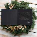 Kartki świąteczne z logo firmy złocone złote Kartki Bożonarodzeniowe z Logo Twojej Firmy, złote napisy na kartce świątecznej2