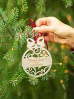 Prezenty oferta dla Firm drobne prezenty dla firm Prezenty firmowe na święta drewniane zawieszki na choinkę    Drewniana Bombka z logo firmy0