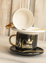 Prezenty dla Mamy zestawy w welurowych i ozdobnych pudełkach  fajne prezenty dla mamy, pudełko z filiżanką i kawą gotowy do wręczenia prezent dla mamy, czarna filiżanka ze spodkiem, pomysł na prezent dla mamy8