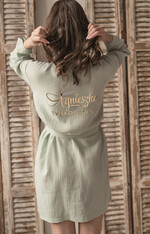 Szlafroki Ślubne z Napisami Szlafrok Ślubny dla Panny Młodej przewiewny bawełniany szlafrok dla Panny Młodej, szlafrok z muślinu z napisami, szlafrok dla Panny Młodej na sesję zdjęciową, muślin w kolorze miętowym6