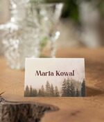 Winietki Nowoczesne prosta forma  winietki weselne z grafiką góry i las  delikatna grafika na winietkach ślubnych, proste i eleganckie winietki na stół weselny, wizytówki ślubne ecru z grafiką2