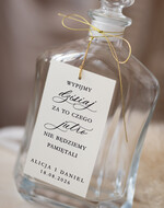 Zawieszki na butelki Nowoczesne prosta forma  zawieszki na butelkę, proste zawieszki ślubne, minimalistyczne zawieszki na alkohol z dowolną treścią, ozdobna zawieszka na wódkę weselną, etykieta na butelki1