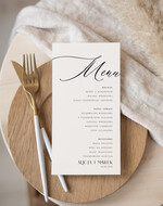 Menu Nowoczesne prosta forma  proste menu weselne w kolorze ecru, karta dań weselnych, menu weselne, plan podawania posiłków, menu dopasowane do zaproszeń0