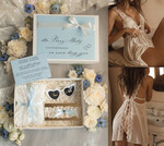 Prezenty dla Panny Młodej  zestawy z koszulką na noc poślubną Prezent na wieczór Panieński - komplet na noc poslubną box prezentowy z podwiązką coś niebieskiego 0