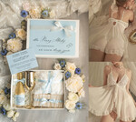 Prezenty dla Panny Młodej  zestawy z koszulką na noc poślubną Prezent na wieczór Panieński - komplet na noc poslubną box prezentowy z podwiązką coś niebieskiego 1