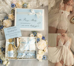 Prezenty dla Panny Młodej  zestawy z koszulką na noc poślubną Prezent na wieczór Panieński - komplet na noc poslubną box prezentowy z podwiązką coś niebieskiego 0