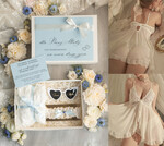 Prezenty dla Panny Młodej  zestawy z koszulką na noc poślubną Prezent na wieczór Panieński - komplet na noc poslubną box prezentowy z podwiązką coś niebieskiego 0