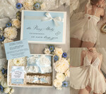 Prezenty dla Panny Młodej  zestawy z koszulką na noc poślubną Prezent na wieczór Panieński - komplet na noc poslubną box prezentowy z podwiązką i bransoletką coś niebieskiego 0